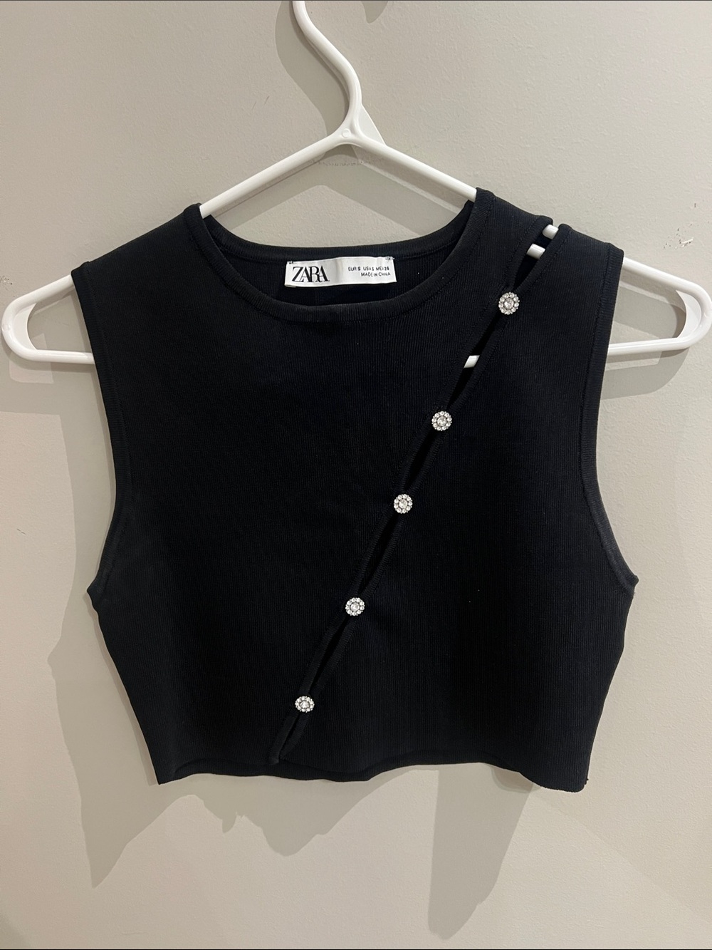 ZARA Black Crop Tank with Rhinestone Button Detail